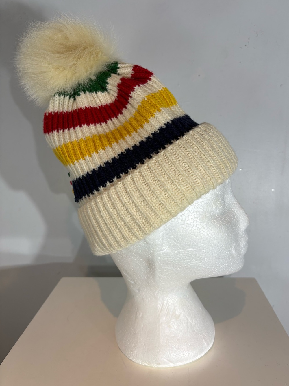 Hudson’s Bay Signature Stripe Wool Blend Fox Fur Pom Pom Beanie